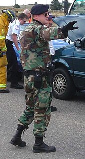 Bidlack on duty with the Air Force Security Forces, the military police of the U.S. Air Force, at the United States Air Force Academy in 2006 Halbidlackonduty.jpg