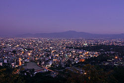 The city of Kathmandu at dusk, on an evening in Tihar 2010. Kathmandu Dusk.JPG