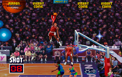 The game employed an exaggerated, over-the-top style, demonstrated by the player dunking from superhuman heights. Nba-jam-dunk.png