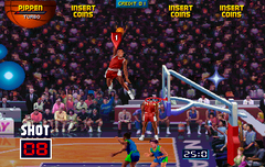 The game has an over-the-top style, demonstrated by the player dunking from superhuman heights. Nba-jam-dunk.png