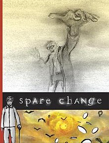 A poster marked by a solid red stripe on the left, with the top third a charcoal drawing of Ryan Larkin facing the viewer, his left arm reaching for the viewer. The bottom third has a pencil drawing of a man with a cane on the left, and the rest a yellow background with hand-drawn coins and V-shaped birds. The top and bottom are split by a solid black bar with the title of the film using random capitalization.