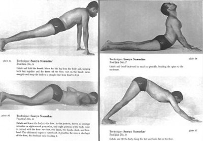 Elliott Goldberg called Vishnudevananda's 1960 sequence (positions 5 to 8 shown) a "new utilitarian conception of Surya Namaskara", rejecting his guru