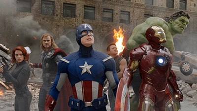 The Avengers as seen in the 2012 Marvel Studios film, The Avengers. (L to R: Scarlett Johansson as Black Widow, Chris Hemsworth as Thor, Chris Evans as Captain America, Jeremy Renner as Hawkeye, Robert Downey, Jr. as Iron Man, and Mark Ruffalo as Hulk).