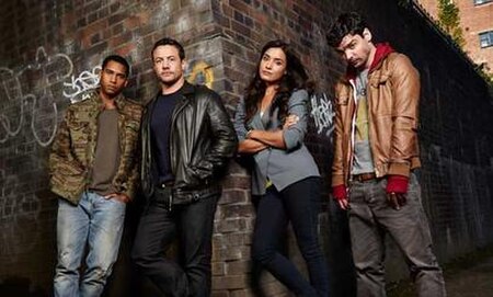 Cast of By Any Means – Elliot Knight, Warren Brown, Shelley Conn and Andrew-Lee Potts