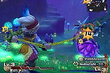 Keldric using the whip to throw one enemy at another. The lower left corner show his level, health, and items, the lower right shows Faye's level and mana, as well as the equipped spell and number of pebbles, while the upper right shows the map. Dawn of Mana gameplay.jpg