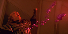 A weightless Klingon is thrown back into a bulkhead, spurting violet blood. In reality, the sets were rotated 90 degrees to give the illusion of the actor floating horizontally; the digitally animated blood globules were added in post-production.