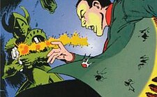 A "Beetle" squad member guns down Tom Lennox in The Mighty World Of Marvel #9 (February 1984). Art by Alan Davis. Beetle soldier kills Tom Lennox.jpg