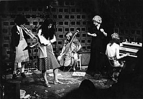 The Feminist Improvising Group, October 1977 Left to right: Corinne Liensol, Maggie Nicols, Georgie Born, Lindsay Cooper, Cathy Williams