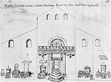A sketch by Giacomo Grimaldi of the interior of St. Peter's during its reconstruction, showing the temporary placement of some of the tombs Grimaldi sketch.jpg