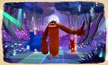 A dancing mini-game in Once Upon a Monster, where the new character of Marco (front center) dances along with Cookie Monster (left) and Elmo (right). Once Upon A Monster screenshot.jpg