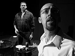 Tom Kiesche (left) and Michael Lanahan in Corey Klemow's 2004 Quiet, Please! stage production at Hollywood's Sacred Fools Theater Company. Pic Porky Billy.jpg