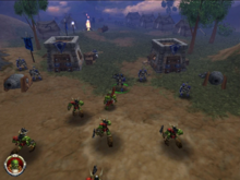 Alpha gameplay footage shown at ECTS 1999. The screenshot shows the original, minimal game interface and over-the-shoulder camera perspective. Warcraft III - Alpha gameplay 1999.png