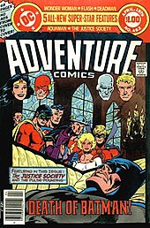 Adventure Comics #462 (1979), featuring the death of Batman. Cover art by Jim Aparo. Adventure462.jpg