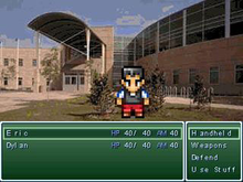 A screenshot of Super Columbine Massacre's battle screen, with an enemy student, player actions and character health shown Columbine-battle-screen.png
