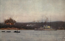 Talbot shelling Turkish positions at Suvla Bay HMS Talbot at Suvla Bay.png