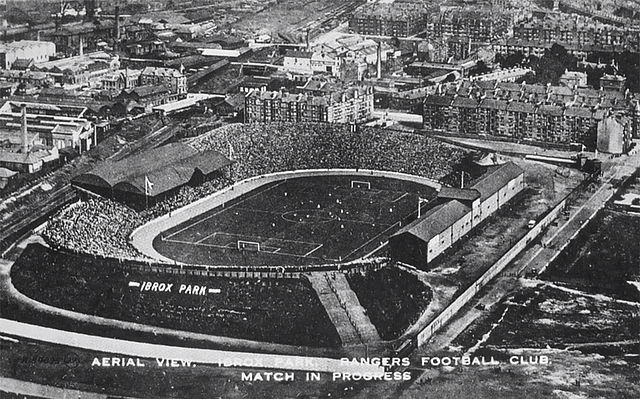 Rangers play Motherwell at Ibrox Park in 1920. The pavilion and grandstand that can be seen on the right of the pitch, were replaced by the Bill Strut