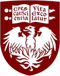 The seal of the University of Chicago. It is in the shape of a shield, with a drawing of a phoenix on the bottom and a book with the university's motto "Crescat scientia; vita excolatur" on the top.