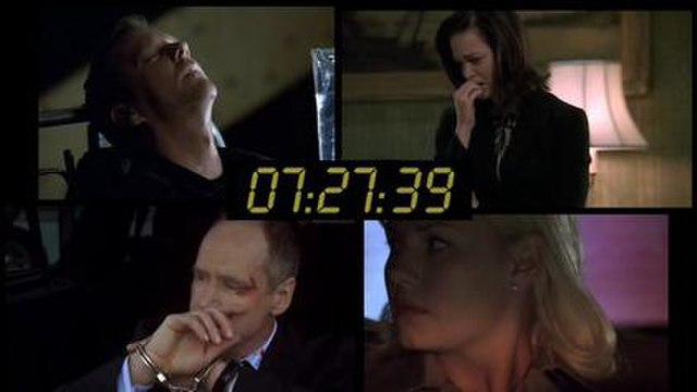 An example of a 24 split screen with the running clock, from the season 7 finale