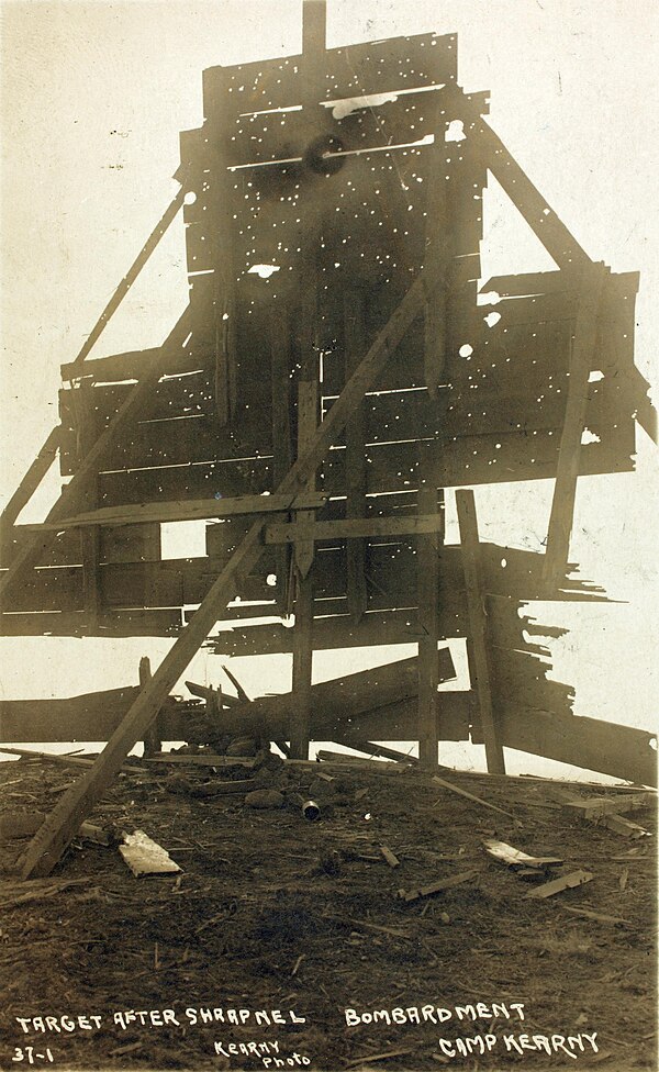 Target at Camp Kearny after bombardment by shrapnel; World War I era