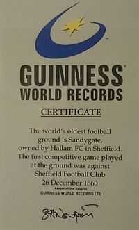 The certificate for the record of being the oldest football ground in the world Guinnesrecord1.jpg