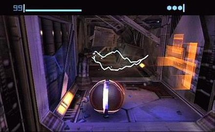 While Samus is in Morph Ball form, the view changes to a third-person view.