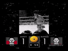 The player is represented by the pair of gloves at the bottom of the video window. The health of the player and opponent are indicated by the face icons at the corners of the screen. Prize Fighter screenshot.png