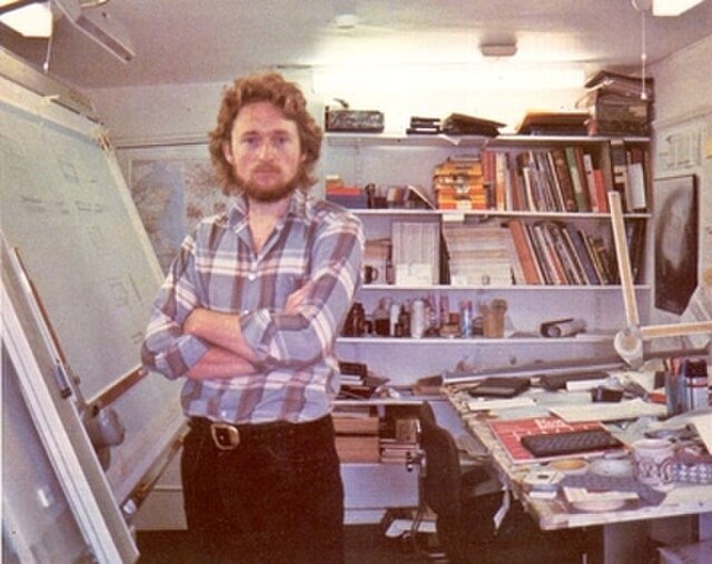 Designer Rick Dickinson pictured in Sinclair Research's Cambridge office in 1983.