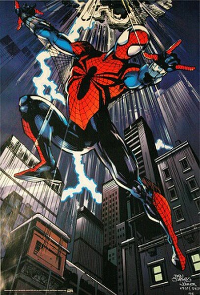 Ben Reilly as Spider-Man, wearing the costume designed by Mark Bagley. Art by Dan Jurgens and Klaus Janson.