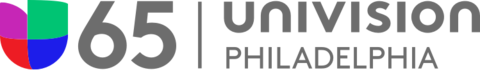 At left, the Univision logo, consisting of red, purple, green and blue blocks in the shape of a U. At right, a gray 65 in a sans serif. Separated by a line to the right, in two lines, a gray Univision wordmark in stylized unicase above the word Philadelphia in all caps in gray.