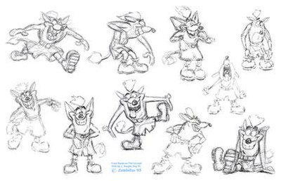 Concept art of Willie the Wombat or Wuzzy Wombat, who would later become Crash Bandicoot. The tail was later removed due to the graphical limitations 