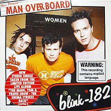 Three men pose for a photograph in front of what appears to be a women's room. The art is bordered by an illustration of a marquee bearing the song's title, as well as stickers.