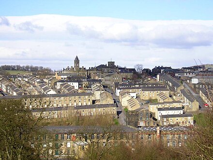 Colne, with its town hall on the horizon