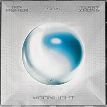 The cover art for "Moonlight": A gray sphere with white and blue highlights on top of a backdrop of a space with square pattern walls topped with white overlay. The song's title is written at the bottom part of the image, while the artists' names are at the top.