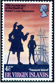 stamp depicting a pirate ship, Jim Hawkins and Long John Silver TREASURE ISLAND STAMP BVI 1969.jpg