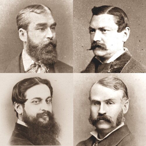 Friends and associates of Robertson: clockwise from top left, F. C. Burnand, H. J. Byron, W. S. Gilbert and Tom Hood