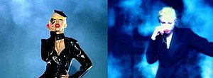 In the video for "Not Myself Tonight" (left), Aguilera paid tribute to Madonna's visual for "Express Yourself" (right). Christina Aguilera - Not Myself Tonight vs. Madonna - Express Yourself.jpg