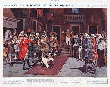 stage scene with male figure, centre, cowering from ghosts surrounding him; they are in the costumes of various historical figures