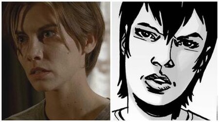 Maggie, as portrayed by Lauren Cohan in the television series (left) and in the comic book series (right).