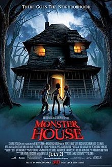 Film poster showing three children standing behind and looking at the haunted house. The tagline "There goes the neighborhood." appears at the top of the poster, and the title and the names of the cast and crew appears at the bottom of the poster.