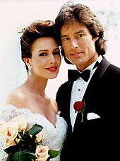 Taylor (Tylo) and Ridge (Moss) on their wedding day (1992). Taylor and Ridge.jpg