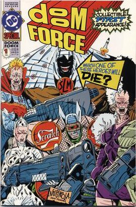 Cover of Doom Force one-shot, parody of X-Force. Art by Keith Giffen and Mike Mignola.