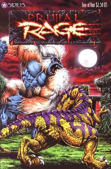 The giant ape Blizzard battles the dinosaur Sauron, from issue #4 of the Primal Rage comic published by Sirius Entertainment. PRagecomic.jpg