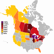 Polish ancestry in the US and Canada by area:
Over 10%
7% - 9.9%
5% - 6.9%
4% - 4.9%
3% - 3.9%
2% - 2.9%
below 2% Polish ancestry in the USA and Canada.png