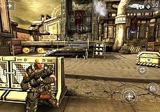 Screenshot from Shadowgun showing the HUD, control scheme, and demonstrating the cover system. Shadowgun gameplay.jpg