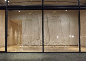 Alyson Shotz, Wave Equation, stainless steel wire, silvered glass beads and aluminum, 120" x 144" x 117", 2010, installation at the Nasher Sculpture Center. Indianapolis Museum of Art collection. Alyson Shotz Wave Equation.jpg