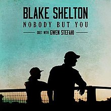 A color photograph of the sky is shown, with a filter applied that exaggerates the blue to orange gradient of the horizon; the silhouettes of singers Blake Shelton and Gwen Stefani appear in the image's foreground. The artwork also contains the words "Blake Shelton, Nobody but You, Duet with Gwen Stefani" in all-caps and a black typeface.