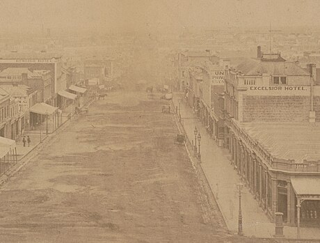 A view of the Excelsior Hotel on Bourke Street in 1861