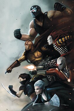 Promotional art for Secret Six (vol. 3) #10 (Aug. 2009) by Daniel LuVisi, featuring (from top) Bane, the Rag Doll, the Catman, Deadshot, Scandal Savag