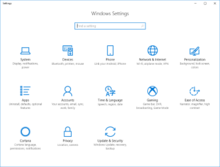 Screenshot of Windows 10's Settings app, in Windows 10 version 1607 to 1709. Windows 10 2nd Gen, 2nd revision settings.png