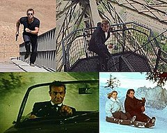 Daniel Craig running a staircase upwards, Roger Moore on the staircase of Eiffel Tower, Sean Connery driving a car, and Timothy Dalton alongside Maryam D'Abo sliding down a snowy hill in a cello case